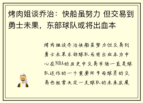 烤肉姐谈乔治：快船虽努力 但交易到勇士未果，东部球队或将出血本