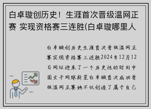白卓璇创历史！生涯首次晋级温网正赛 实现资格赛三连胜(白卓璇哪里人)