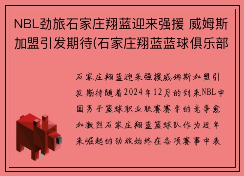 NBL劲旅石家庄翔蓝迎来强援 威姆斯加盟引发期待(石家庄翔蓝蓝球俱乐部)