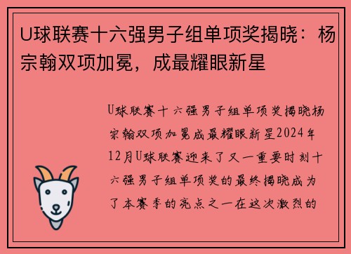 U球联赛十六强男子组单项奖揭晓：杨宗翰双项加冕，成最耀眼新星