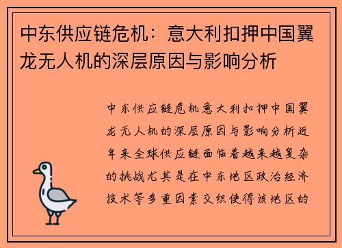 中东供应链危机：意大利扣押中国翼龙无人机的深层原因与影响分析