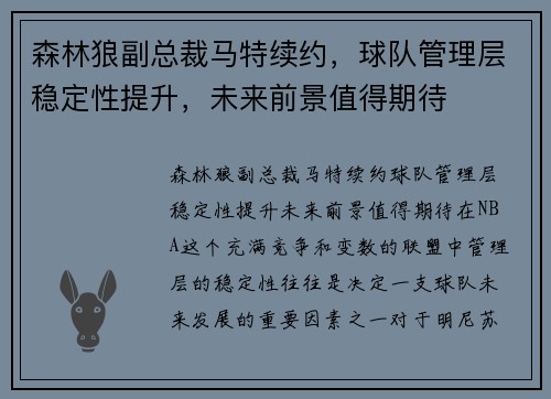 森林狼副总裁马特续约，球队管理层稳定性提升，未来前景值得期待