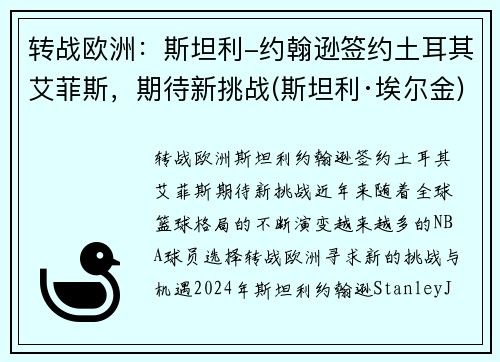 转战欧洲：斯坦利-约翰逊签约土耳其艾菲斯，期待新挑战(斯坦利·埃尔金)