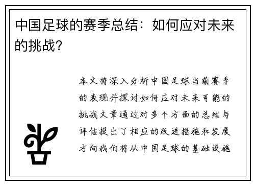 中国足球的赛季总结：如何应对未来的挑战？