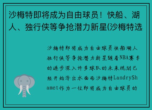 沙梅特即将成为自由球员！快船、湖人、独行侠等争抢潜力新星(沙梅特选秀)