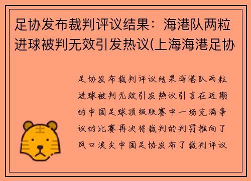 足协发布裁判评议结果：海港队两粒进球被判无效引发热议(上海海港足协杯首发)