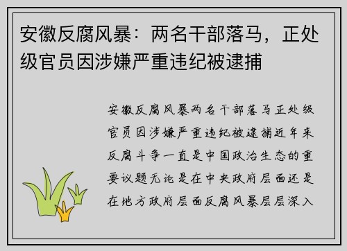 安徽反腐风暴：两名干部落马，正处级官员因涉嫌严重违纪被逮捕
